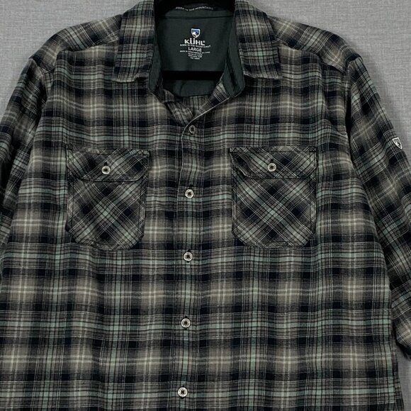 Kuhl Flannel Plaid Shirt Sz Large Black Brown Cotton Tencel Blend - Picture 2 of 10